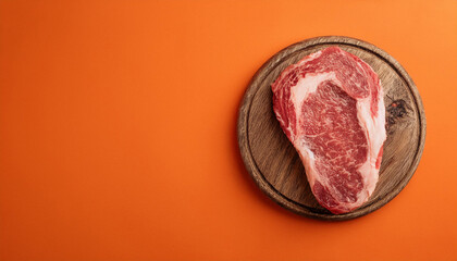 Obraz premium Raw ribeye steak on orange background. Fresh meat. Natural product.