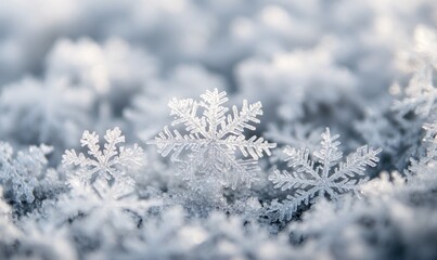 A close up of three snowflakes on a snowy surface