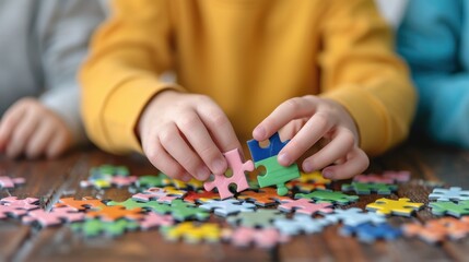 Child hand arranging colorful puzzle pieces on wooden table, focused on playful learning and problem-solving activities.