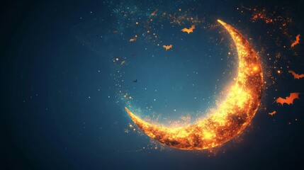 Fototapeta premium A fiery crescent moon hangs in the night sky, surrounded by bats.