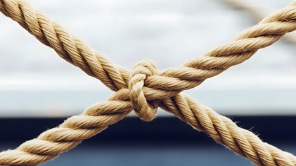 Complex web of interconnected ropes symbolizing intricate business relationships and antitrust challenges, with a focused foreground rope representing the effort to break monopolies.