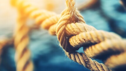 Complex web of interconnected ropes symbolizing intricate business relationships and antitrust challenges, with a focused foreground rope representing the effort to break monopolies.