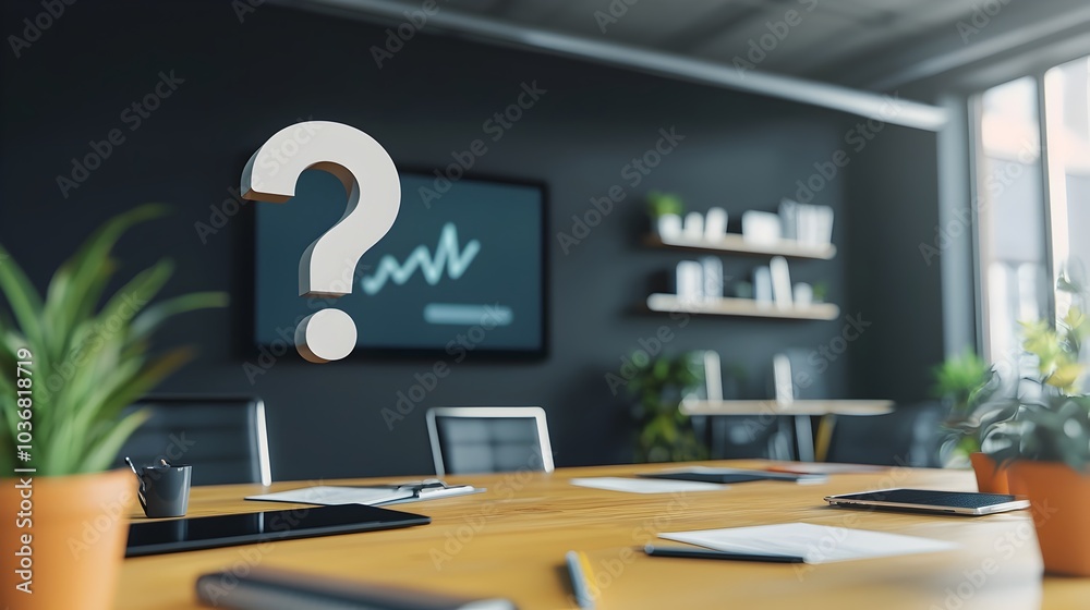 Poster floating question mark over virtual meeting screen representing uncertainties in remote work and bus