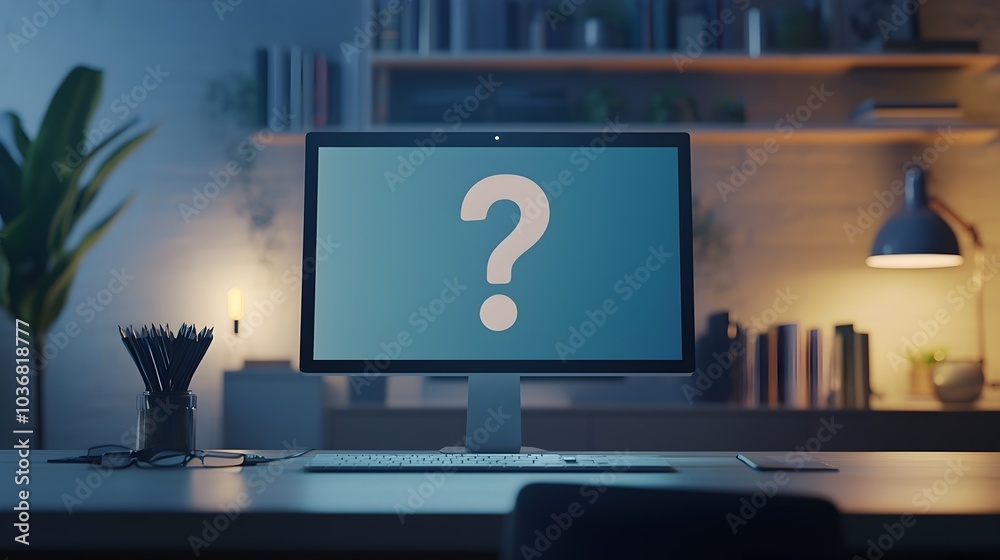 Poster question mark floating over virtual meeting screen representing uncertainties in remote work and bus