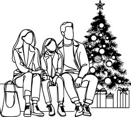 Black Line Art Happy Family Activity Art Hand Drawn Illustration