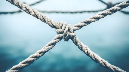 Complex web of interconnected ropes symbolizing intricate business relationships and antitrust challenges, with a focused foreground rope representing the effort to break monopolies.