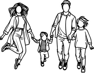Black Line Art Happy Family Activity Art Hand Drawn Illustration