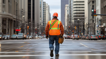Construction Worker Walking Through Urban Street with Reflective Pavement