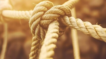 Complex web of interconnected ropes symbolizing intricate business relationships and antitrust challenges, with a focused foreground rope representing the effort to break monopolies.