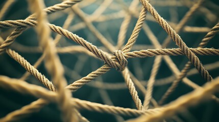 Complex web of interconnected ropes symbolizing intricate business relationships and antitrust challenges, with a focused foreground rope representing the effort to break monopolies.