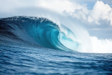 Fototapeta premium Giant blue ocean wave breaking under cloudy sky