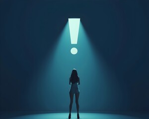 Woman Standing on Stage with Exclamation Mark Spotlight Behind Her Representing Importance of Message
