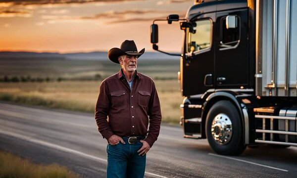 American Cowboy truck driver next to the truck.