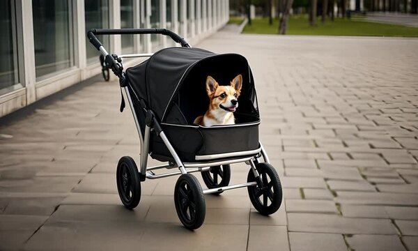 Dog in a baby stroller.