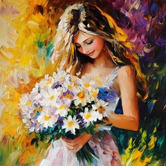 A young Caucasian woman cherishing a bouquet of vibrant daisies, set against a colorful, impressionistic background that exudes warmth and joy.
