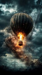 A hot air balloon entangled in power lines, sparks flying as the balloon deflates, and the sky filled with dark storm clouds, adding to the tense atmosphere