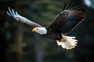 Obraz premium Majestic bald eagle soaring in flight over forest