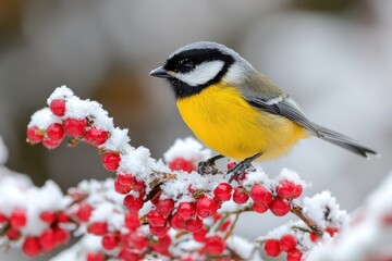 Fototapeta premium Great tit perching on snow covered branch with red berries in winter