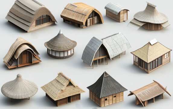 A detailed compilation of roof styles presented in 3D, including curved, thatched, and pent roofs
