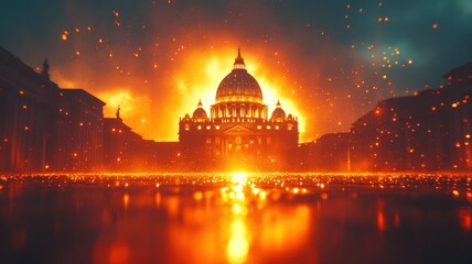 Obraz premium Dramatic scene of a cathedral engulfed in flames.