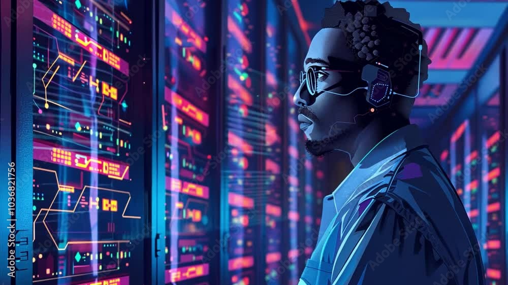 Poster A technician is deeply focused on monitoring advanced servers in a modern data center, surrounded by glowing neon screens displaying complex data analytics.