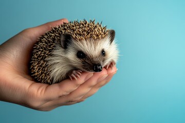 Fototapeta premium A person cradling a tiny hedgehog in their hands, highlighting the unique bond between humans and animals