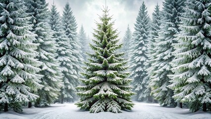Symmetrical snowy fir tree in winter forest background