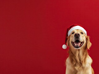 A cheerful golden retriever wearing a Santa hat sits against a vibrant red background, capturing the festive spirit and joy associated with the holiday season.