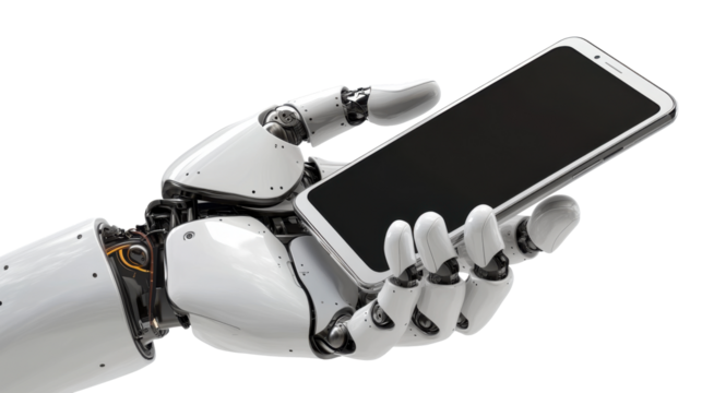 A robotic hand grasping a smartphone in a futuristic display of technology and AI integration in daily life.