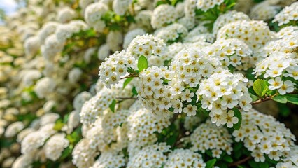 White spirea shrub in bloom during spring