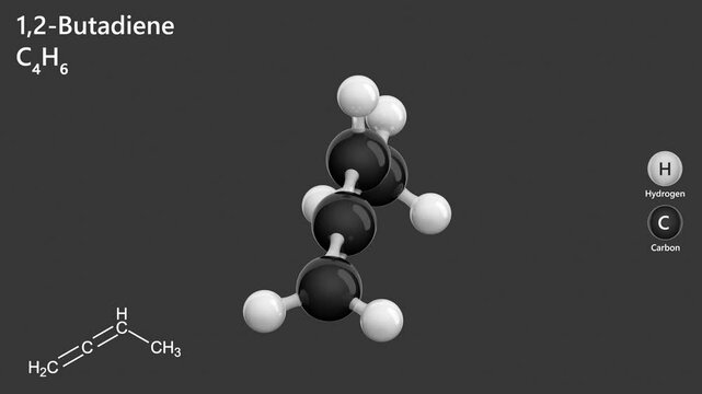 Molecule of 1,2-Butadiene (C4H6) is a colorless gas. It is used in the production of synthetic rubber and as an intermediate in organic synthesis. Gray background. 3D rendering. Seamless loop