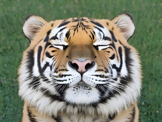 Fototapeta premium Close-up of a tranquil Bengal tiger with eyes gently closed, showcasing its striking orange and black stripes against a lush green background.
