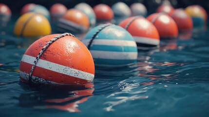 A collection of colorful buoys floating on the surface of the water, perfect for use in illustrations and designs related to marine life or beach scenes