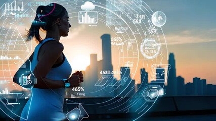 Woman Jogging with Futuristic Fitness Data Hologram Overlay in City

 - Powered by Adobe