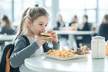A young girl sits at a table enjoying her lunch