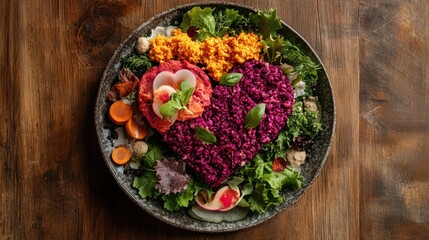 A plate of food on a wooden table setting, perfect for meal or snack use