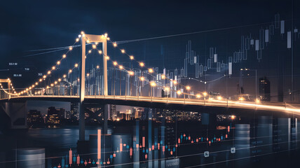 Obraz premium A bridge made of glowing lines, spanning over financial charts, representing connecting investments to results. 