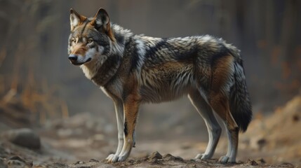 Fototapeta premium A wolf stands on a dirt path, looking at the camera with alertness.