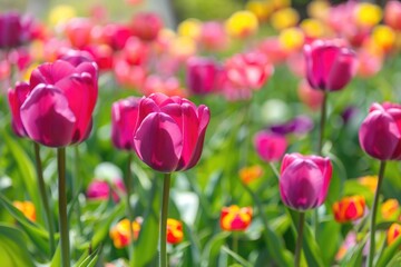 A vibrant field filled with pink and yellow tulips, great for spring or nature-themed designs