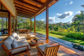 Fototapeta premium A cozy outdoor space with a couch and table