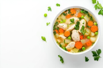 A warm and comforting bowl of chicken and vegetable soup garnished with fresh parsley