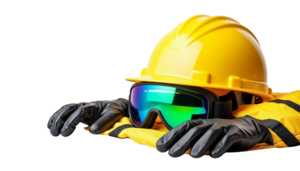 Protective Gear with Yellow Hard Hat and Colorful Safety Goggles.