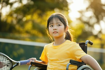 Fototapeta premium A young girl in a wheelchair holding a tennis racket, great for sports or disability awareness themed images