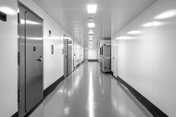 A long corridor with multiple doorways, suitable for use in architectural or interior design settings