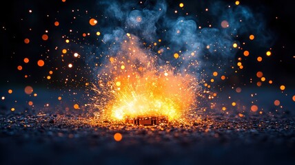 Explosion with sparks and smoke on a dark background.