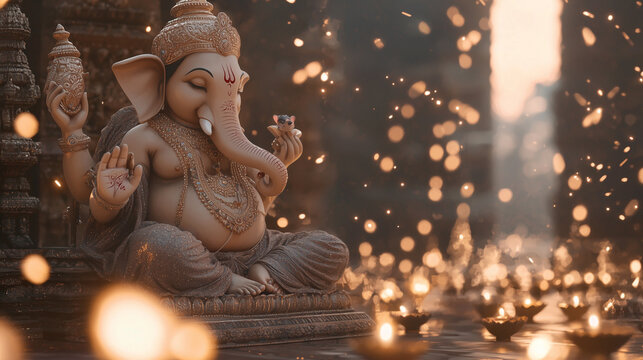 Ganesha on Mouse in Diwali Celebration Amid Festive Crackers