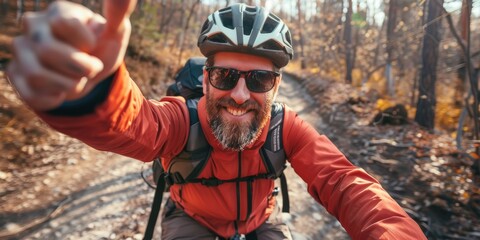 Man on bicycle gives a thumbs up while enjoying a bike ride in nature, showcasing fitness and outdoor training for social media and sports content