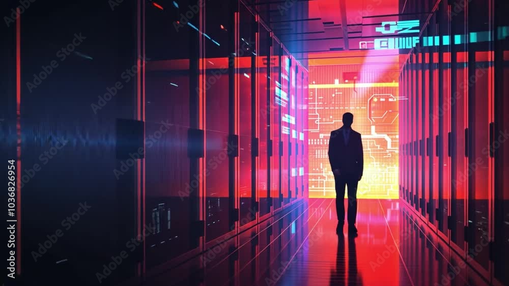 Poster A person in silhouette walks through a modern server room, surrounded by glowing panels displaying data and technology, creating a vibrant and futuristic atmosphere.