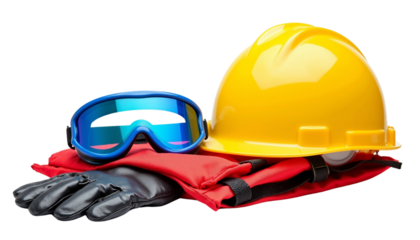 Safety Gear Including Hard Hat, Goggles, Gloves, and Vest.