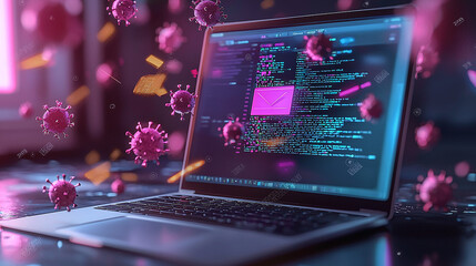 laptop with flying envelopes and letters and virus parts illustrating the concept of email marketing and security of phishing mails. 